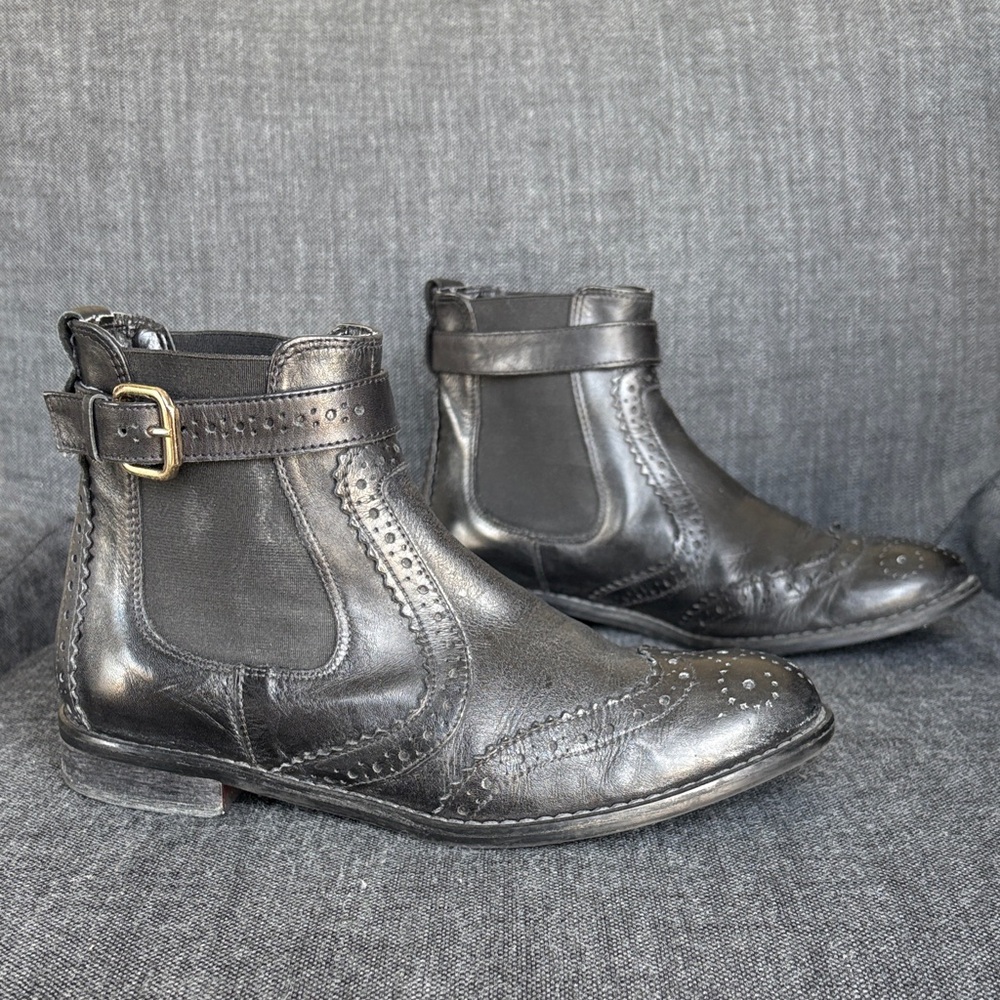 Black Brogue Chelsea Boots – Size 37 – Removable Ankle Strap – Fair Condition